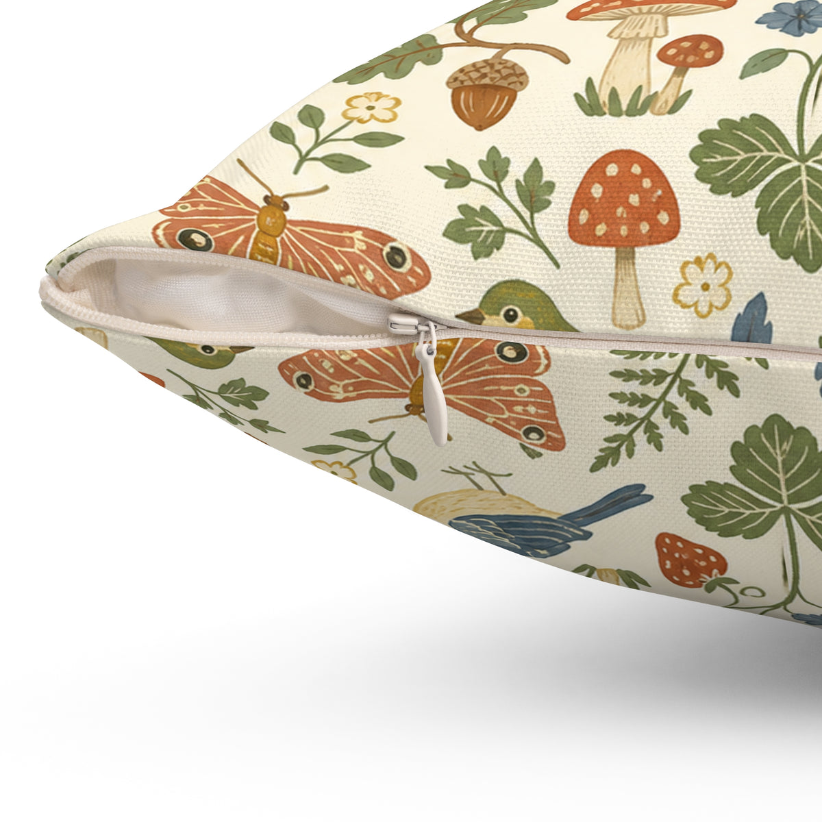 Woodland Meadow Cottagecore Throw Pillow, Bird Mushroom Fern Decor