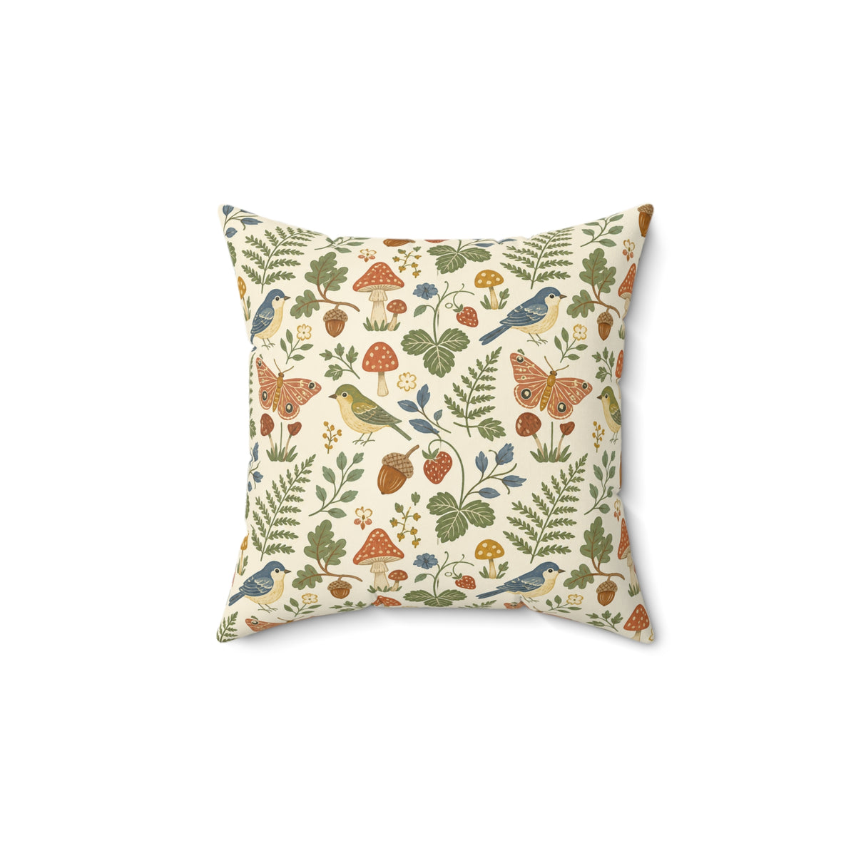 Woodland Meadow Cottagecore Throw Pillow, Bird Mushroom Fern Decor
