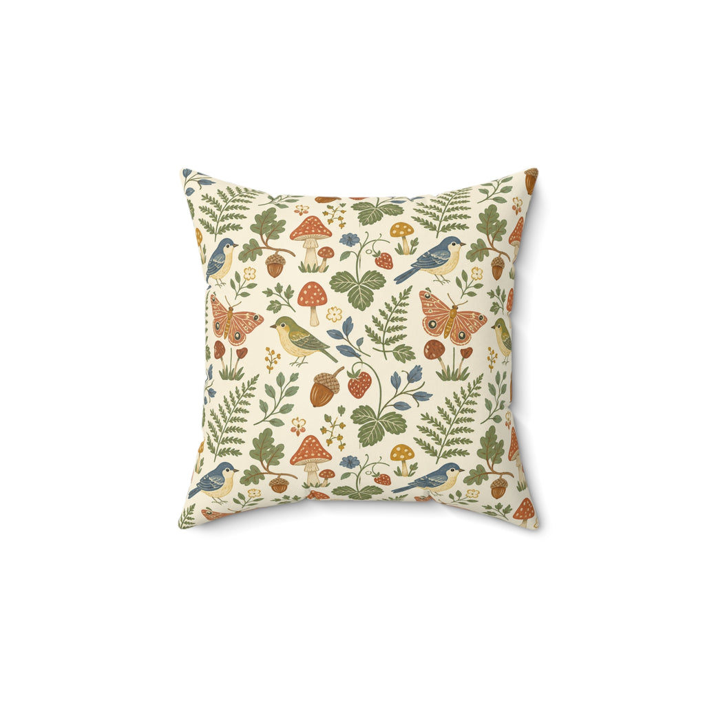Woodland Meadow Cottagecore Throw Pillow, Bird Mushroom Fern Decor