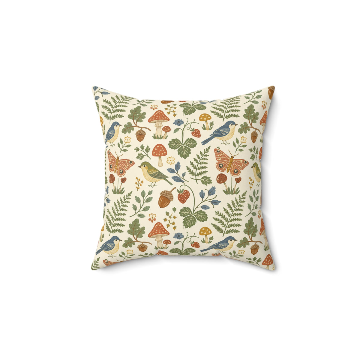 Woodland Meadow Cottagecore Throw Pillow, Bird Mushroom Fern Decor