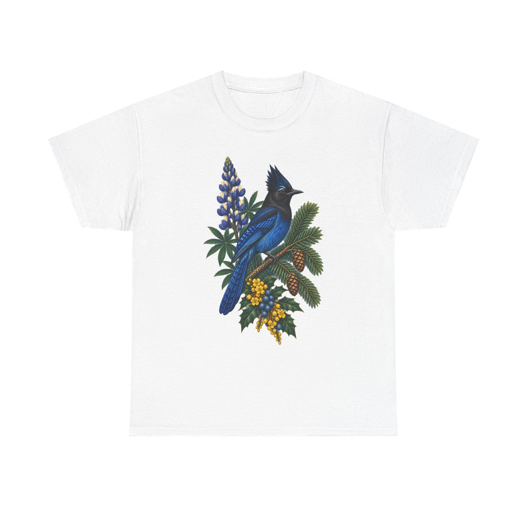 Steller's Jay & Lupine Nature T-Shirt, Pacific Northwest Bird Lover Tee