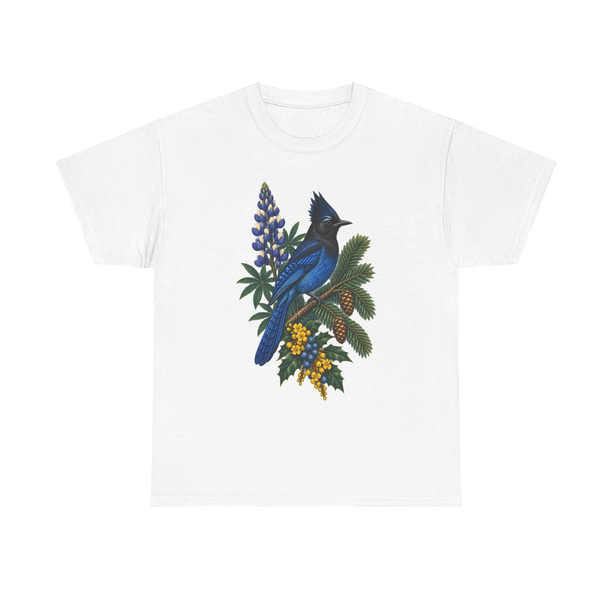 Steller's Jay & Lupine Nature T-Shirt, Pacific Northwest Bird Lover Tee