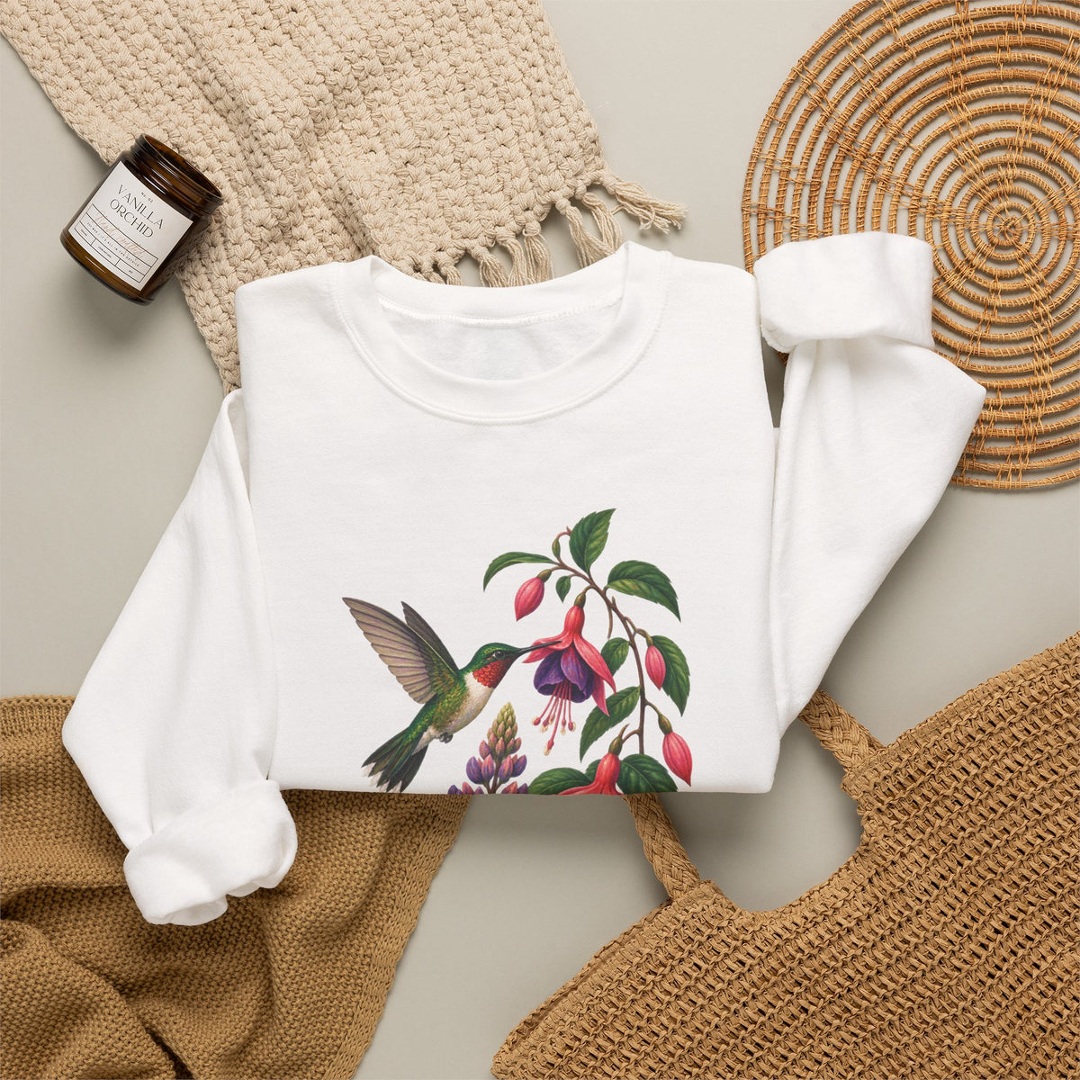 Hummingbird & Fuchsia Botanical Crewneck, Wildflower Bird Lover Sweatshirt