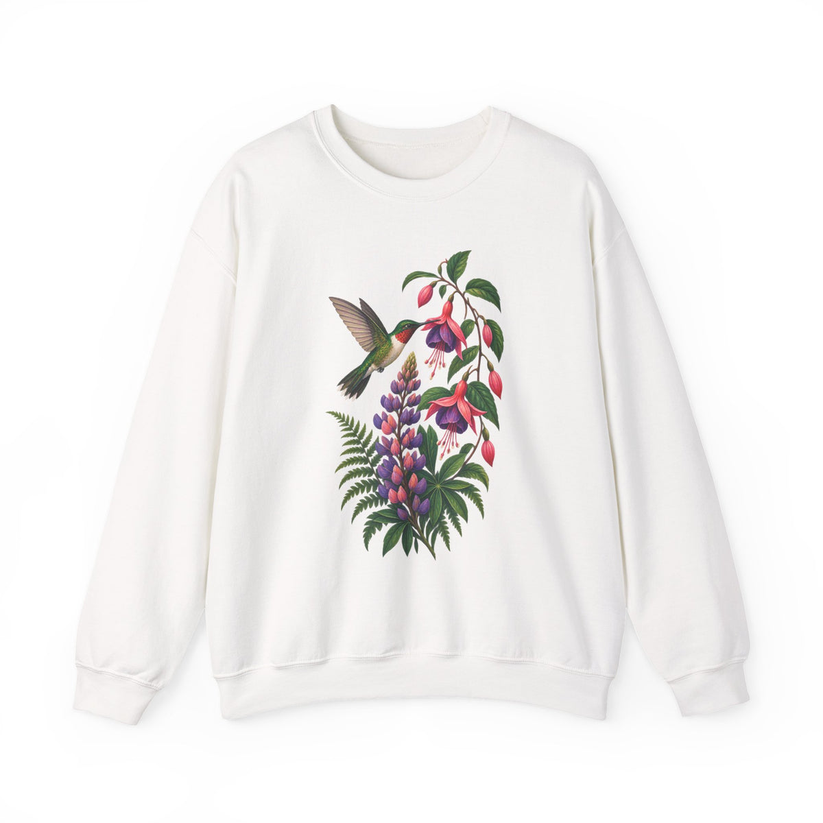 Hummingbird & Fuchsia Botanical Crewneck, Wildflower Bird Lover Sweatshirt