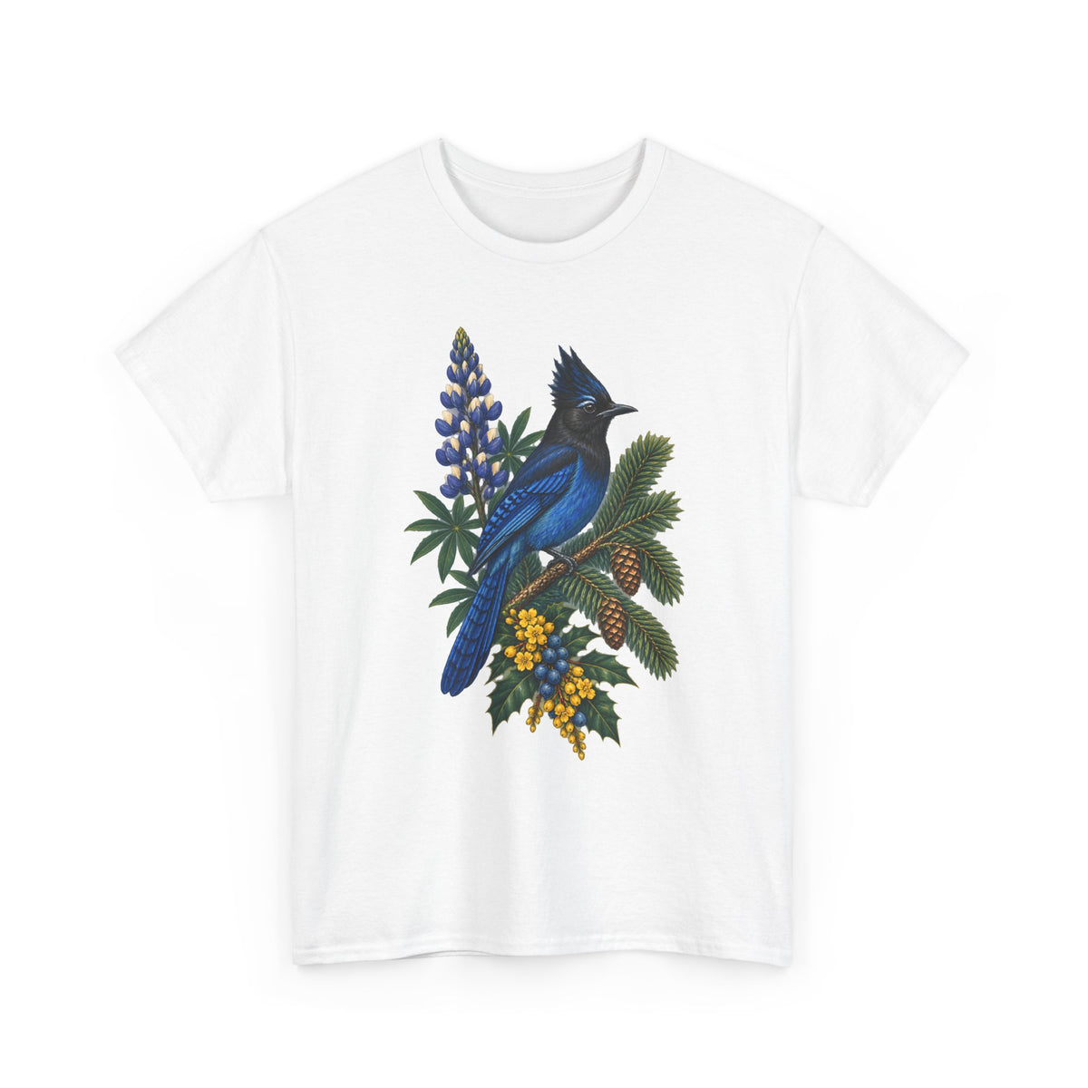 Steller's Jay & Lupine Nature T-Shirt, Pacific Northwest Bird Lover Tee